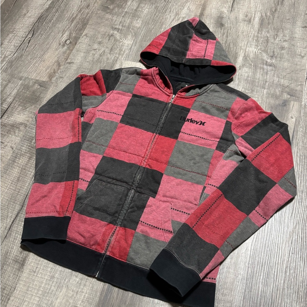 Y2K Hurley Surf Red and Black Plaid Hoodie